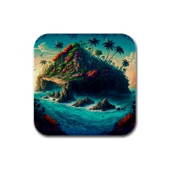 Tropical Island Paradise Ocean Sea Palm Trees Rubber Square Coaster (4 Pack) by Pakemis