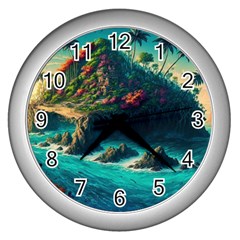 Tropical Island Paradise Ocean Sea Palm Trees Wall Clock (silver) by Pakemis