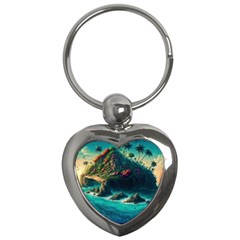 Tropical Island Paradise Ocean Sea Palm Trees Key Chain (heart) by Pakemis