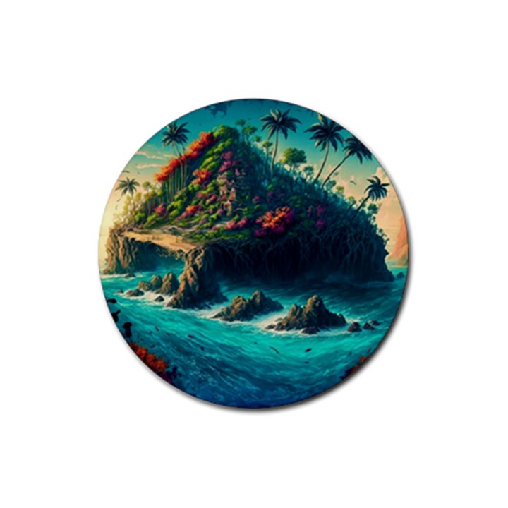 Tropical Island Paradise Ocean Sea Palm Trees Rubber Round Coaster (4 pack)