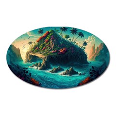 Tropical Island Paradise Ocean Sea Palm Trees Oval Magnet by Pakemis