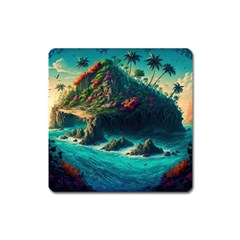 Tropical Island Paradise Ocean Sea Palm Trees Square Magnet by Pakemis