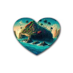 Tropical Island Paradise Ocean Sea Palm Trees Rubber Heart Coaster (4 Pack)