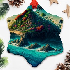 Tropical Island Paradise Ocean Sea Palm Trees Snowflake Ornament (two Sides) by Pakemis