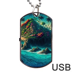 Tropical Island Paradise Ocean Sea Palm Trees Dog Tag Usb Flash (two Sides) by Pakemis