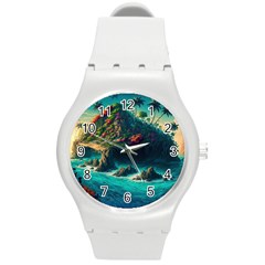 Tropical Island Paradise Ocean Sea Palm Trees Round Plastic Sport Watch (m) by Pakemis