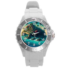 Tropical Island Paradise Ocean Sea Palm Trees Round Plastic Sport Watch (l) by Pakemis