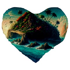 Tropical Island Paradise Ocean Sea Palm Trees Large 19  Premium Heart Shape Cushions by Pakemis