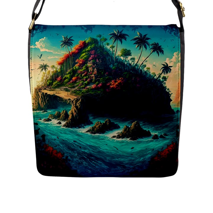 Tropical Island Paradise Ocean Sea Palm Trees Flap Closure Messenger Bag (L)