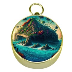 Tropical Island Paradise Ocean Sea Palm Trees Gold Compasses by Pakemis