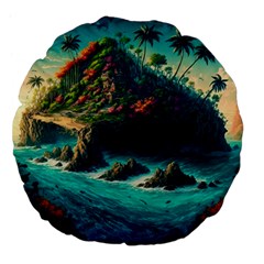 Tropical Island Paradise Ocean Sea Palm Trees Large 18  Premium Flano Round Cushions by Pakemis