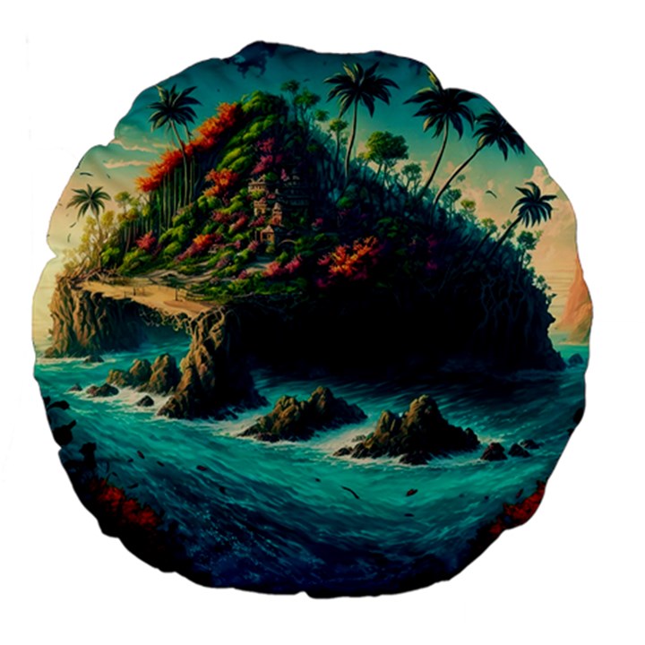 Tropical Island Paradise Ocean Sea Palm Trees Large 18  Premium Flano Round Cushions