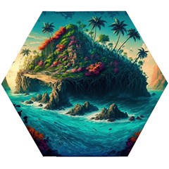 Tropical Island Paradise Ocean Sea Palm Trees Wooden Puzzle Hexagon by Pakemis