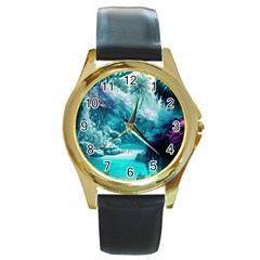 Landscape Nature Digital Art Palm Trees Paradise Round Gold Metal Watch by Pakemis