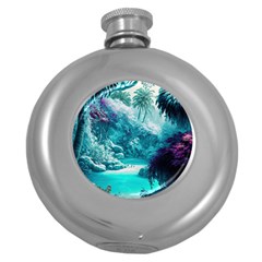 Landscape Nature Digital Art Palm Trees Paradise Round Hip Flask (5 Oz) by Pakemis