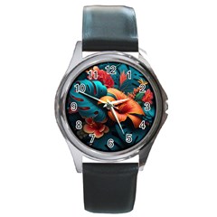 Ai Generated Tropical Flowers Floral Floral Pattern Round Metal Watch by Pakemis