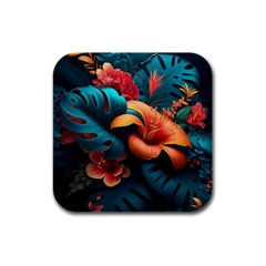 Ai Generated Tropical Flowers Floral Floral Pattern Rubber Square Coaster (4 Pack) by Pakemis