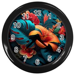 Ai Generated Tropical Flowers Floral Floral Pattern Wall Clock (black) by Pakemis