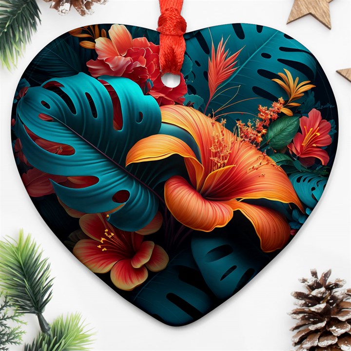 Ai Generated Tropical Flowers Floral Floral Pattern Heart Ornament (Two Sides)