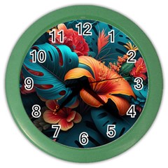 Ai Generated Tropical Flowers Floral Floral Pattern Color Wall Clock by Pakemis