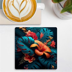 Ai Generated Tropical Flowers Floral Floral Pattern Uv Print Square Tile Coaster  by Pakemis