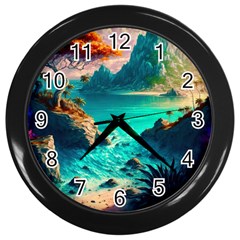 Tropical Paradise Beach Ocean Shore Sea Fantasy Wall Clock (black) by Pakemis