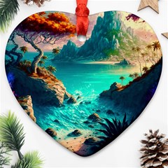 Tropical Paradise Beach Ocean Shore Sea Fantasy Heart Ornament (two Sides) by Pakemis