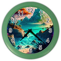 Tropical Paradise Beach Ocean Shore Sea Fantasy Color Wall Clock by Pakemis