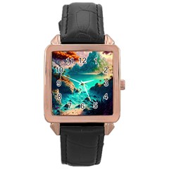 Tropical Paradise Beach Ocean Shore Sea Fantasy Rose Gold Leather Watch  by Pakemis