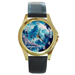 Tropical Winter Fantasy Landscape Paradise Round Gold Metal Watch by Pakemis