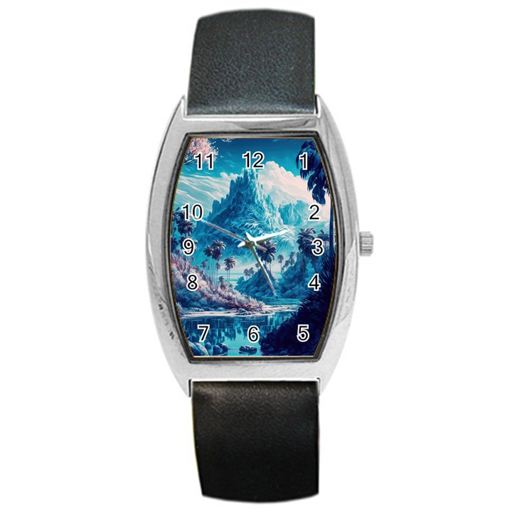 Tropical Winter Fantasy Landscape Paradise Barrel Style Metal Watch