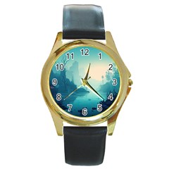 Ai Generated River Forest Woods Outdoors Round Gold Metal Watch by Pakemis