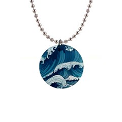 Waves Ocean Sea Pattern Water Tsunami Rough Seas 1  Button Necklace by Pakemis