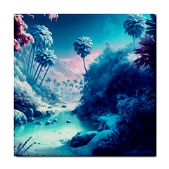 Tropical Winter Frozen Snow Paradise Palm Trees Tile Coaster by Pakemis