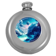 Tropical Winter Frozen Snow Paradise Palm Trees Round Hip Flask (5 Oz) by Pakemis