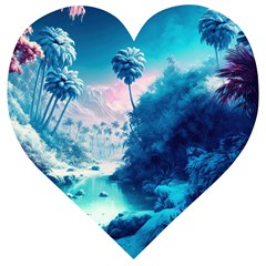 Tropical Winter Frozen Snow Paradise Palm Trees Wooden Puzzle Heart