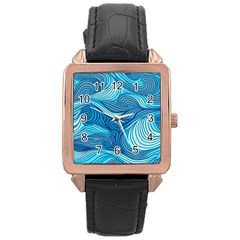 Ocean Waves Sea Abstract Pattern Water Blue Rose Gold Leather Watch  by Pakemis