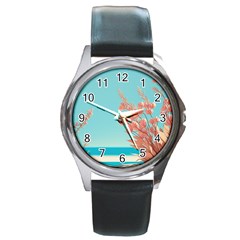 Beach Ocean Flowers Floral Flora Plants Vacation Round Metal Watch by Pakemis