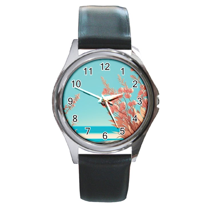 Beach Ocean Flowers Floral Flora Plants Vacation Round Metal Watch