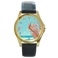 Beach Ocean Flowers Floral Flora Plants Vacation Round Gold Metal Watch by Pakemis