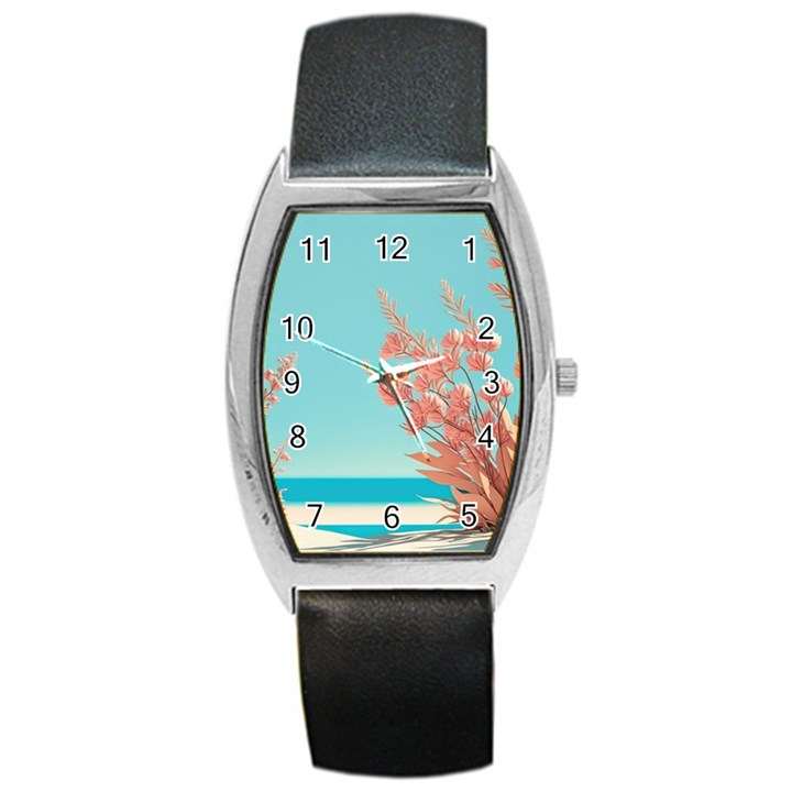 Beach Ocean Flowers Floral Flora Plants Vacation Barrel Style Metal Watch