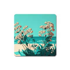 Beach Ocean Flowers Flower Floral Plants Vacation Square Magnet by Pakemis