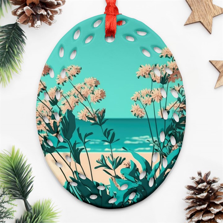 Beach Ocean Flowers Flower Floral Plants Vacation Oval Filigree Ornament (Two Sides)