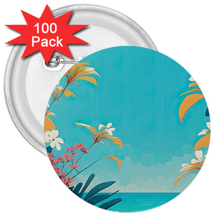 Beach Ocean Flowers Floral Plants Vacation 3  Buttons (100 pack) 