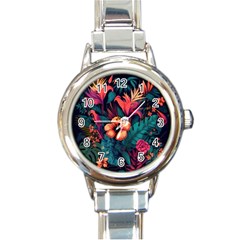 Tropical Flowers Floral Floral Pattern Pattern Round Italian Charm Watch by Pakemis