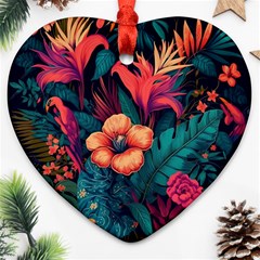 Tropical Flowers Floral Floral Pattern Pattern Heart Ornament (two Sides)