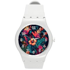 Tropical Flowers Floral Floral Pattern Pattern Round Plastic Sport Watch (m) by Pakemis