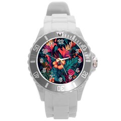 Tropical Flowers Floral Floral Pattern Pattern Round Plastic Sport Watch (l) by Pakemis