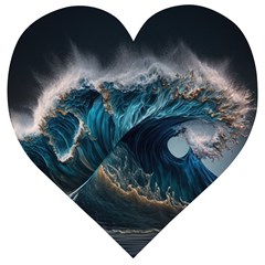 Tsunami Waves Ocean Sea Water Rough Seas 5 Wooden Puzzle Heart by Pakemis