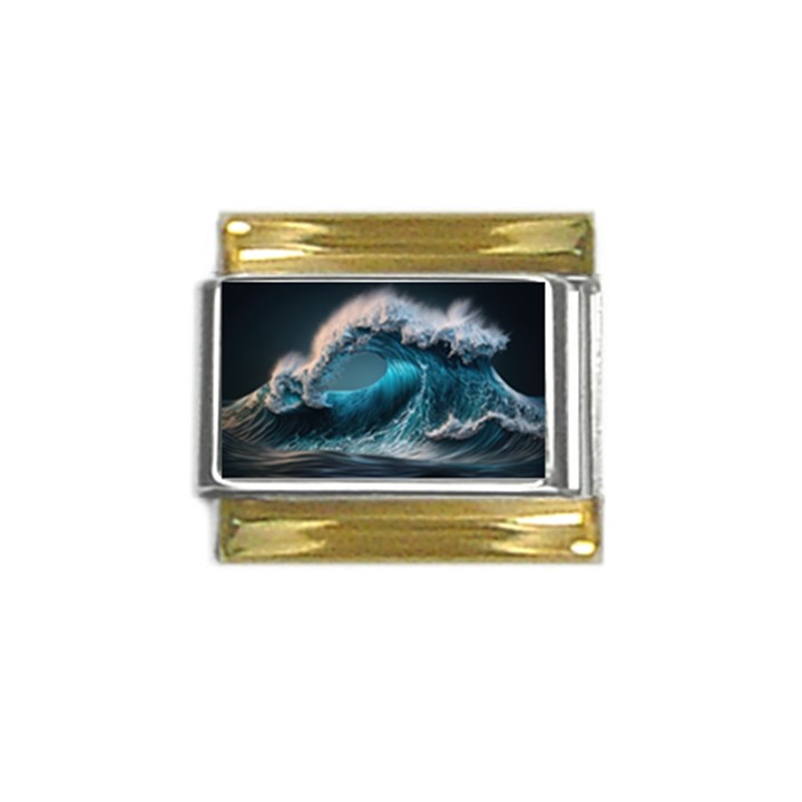 Tsunami Waves Ocean Sea Water Rough Seas 2 Gold Trim Italian Charm (9mm)